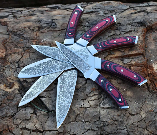 Custom Chef Knife Set with Floral Engraved Blades & Exotic Wood Handles - Unique Blades Runner
