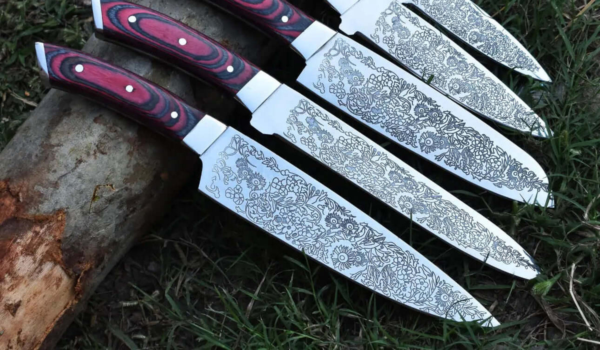 Custom Chef Knife Set with Floral Engraved Blades & Exotic Wood Handles - Unique Blades Runner