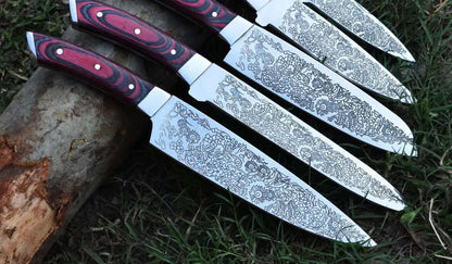 Custom Chef Knife Set with Floral Engraved Blades & Exotic Wood Handles - Unique Blades Runner