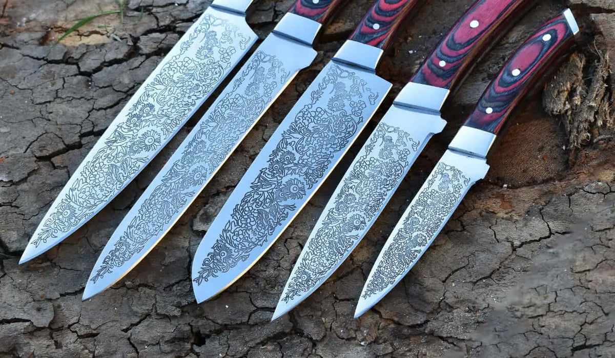 Custom Chef Knife Set with Floral Engraved Blades & Exotic Wood Handles - Unique Blades Runner