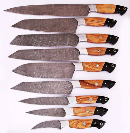 Custom Damascus Steel Kitchen Knife Set with Olive Wood Handle – Full Tang Blades - Unique Blades Runner