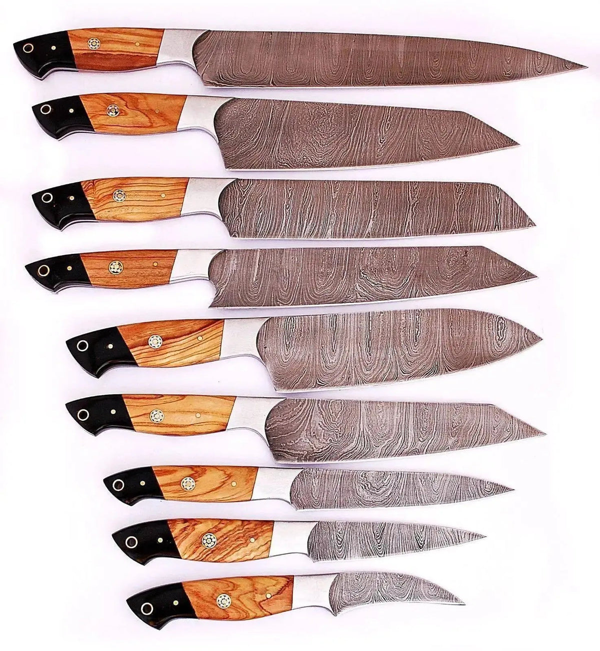 Custom Damascus Steel Kitchen Knife Set with Olive Wood Handle – Full Tang Blades - Unique Blades Runner