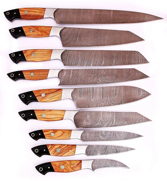 Custom Damascus Steel Kitchen Knife Set with Olive Wood Handle – Full Tang Blades - Unique Blades Runner