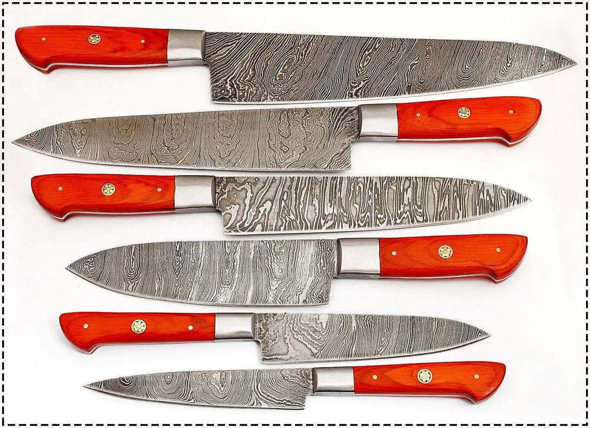 Custom Damascus Steel Kitchen Knife Set with Red Resin Handle – Handmade Full Tang - Unique Blades Runner
