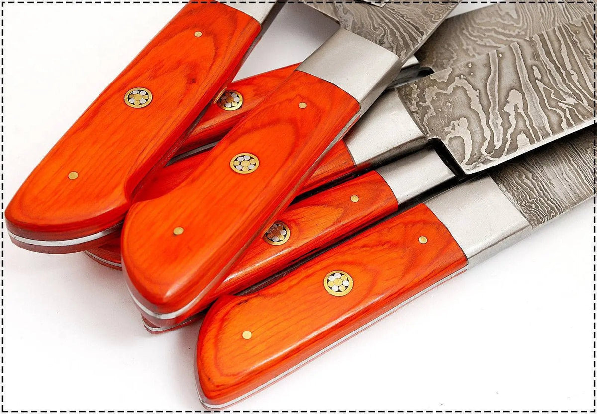 Custom Damascus Steel Kitchen Knife Set with Red Resin Handle – Handmade Full Tang - Unique Blades Runner