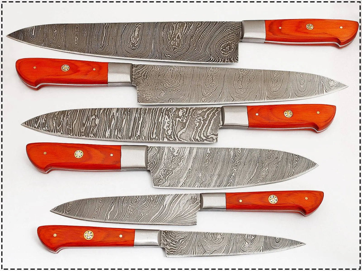 Custom Damascus Steel Kitchen Knife Set with Red Resin Handle – Handmade Full Tang - Unique Blades Runner