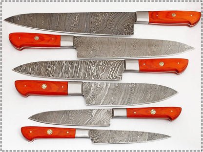 Custom Damascus Steel Kitchen Knife Set with Red Resin Handle – Handmade Full Tang - Unique Blades Runner