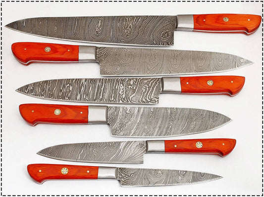 Custom Damascus Steel Kitchen Knife Set with Red Resin Handle – Handmade Full Tang - Unique Blades Runner