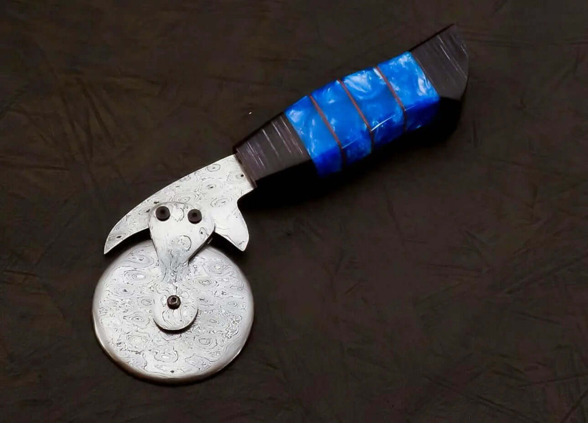 Custom Damascus Steel Wheel Pizza Cutter with Blue Resin Handle - Unique Blades Runner