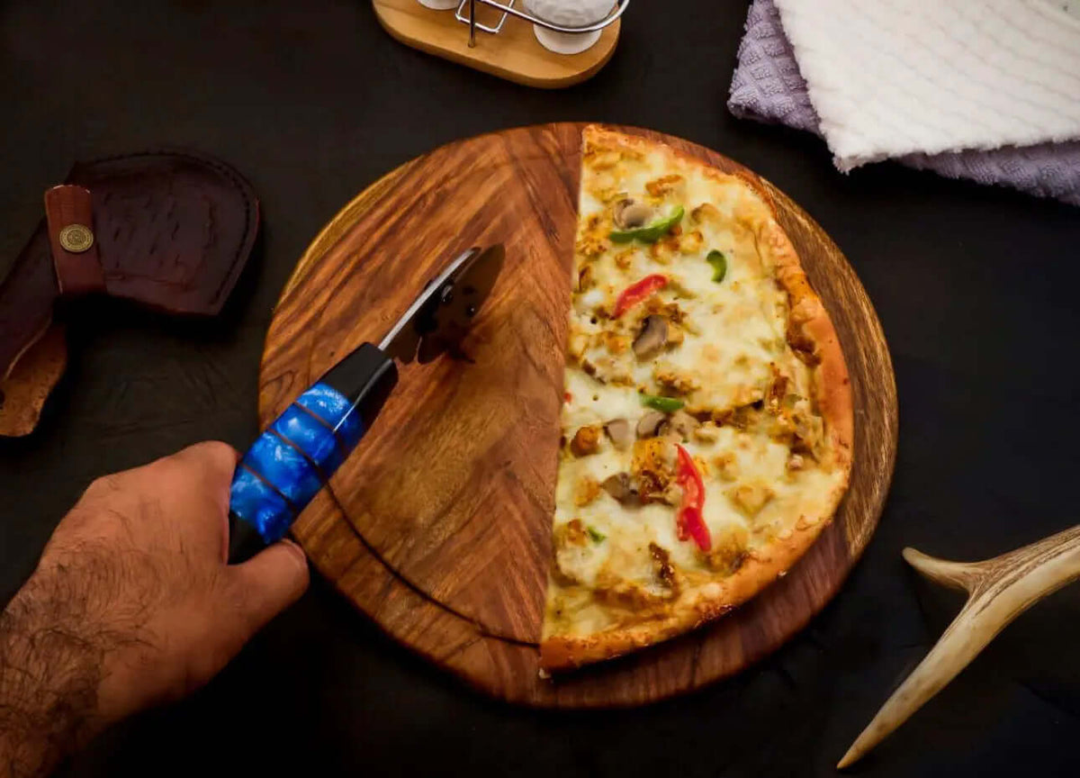 Custom Damascus Steel Wheel Pizza Cutter with Blue Resin Handle - Unique Blades Runner