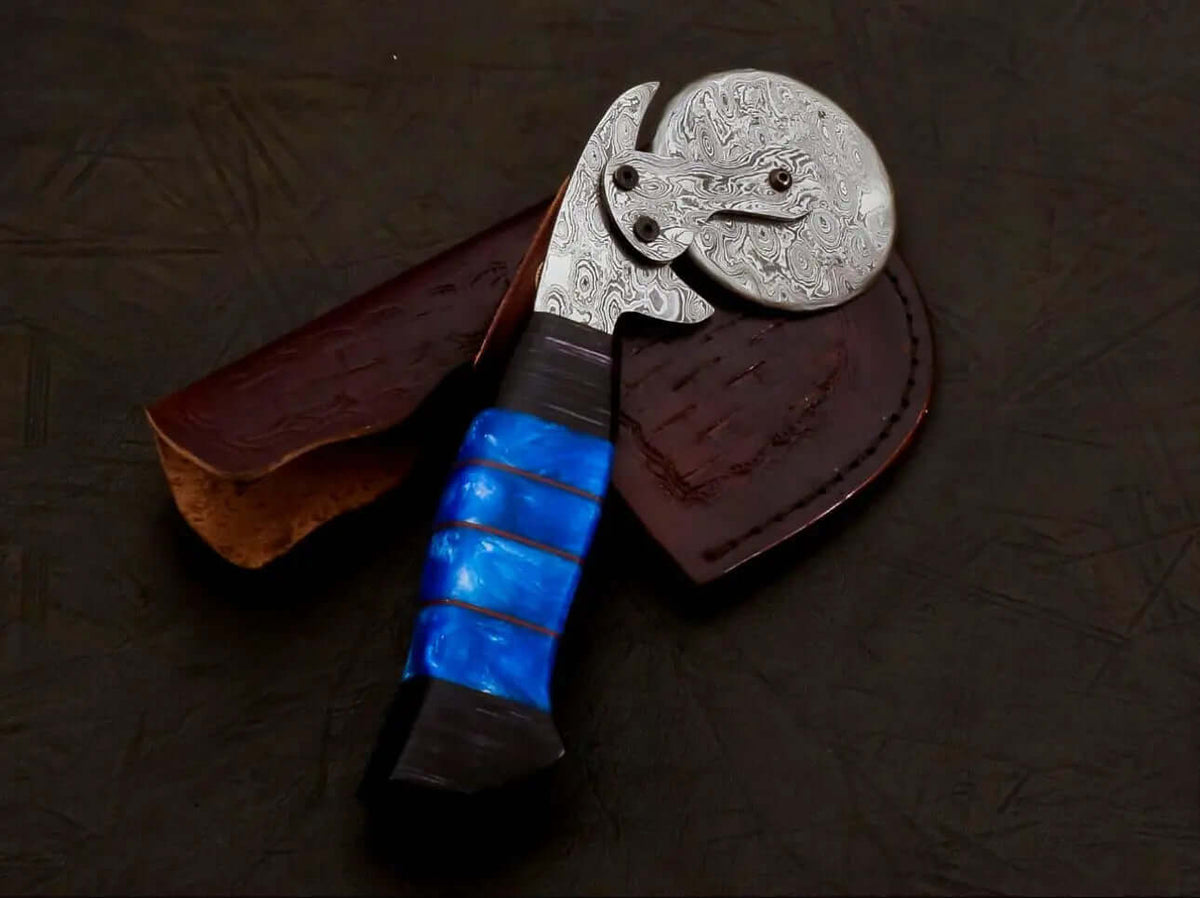 Custom Damascus Steel Wheel Pizza Cutter with Blue Resin Handle - Unique Blades Runner