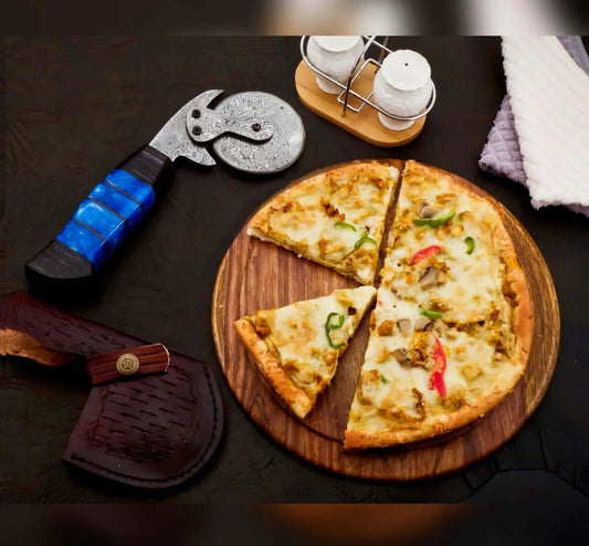 Custom Damascus Steel Wheel Pizza Cutter with Blue Resin Handle - Unique Blades Runner