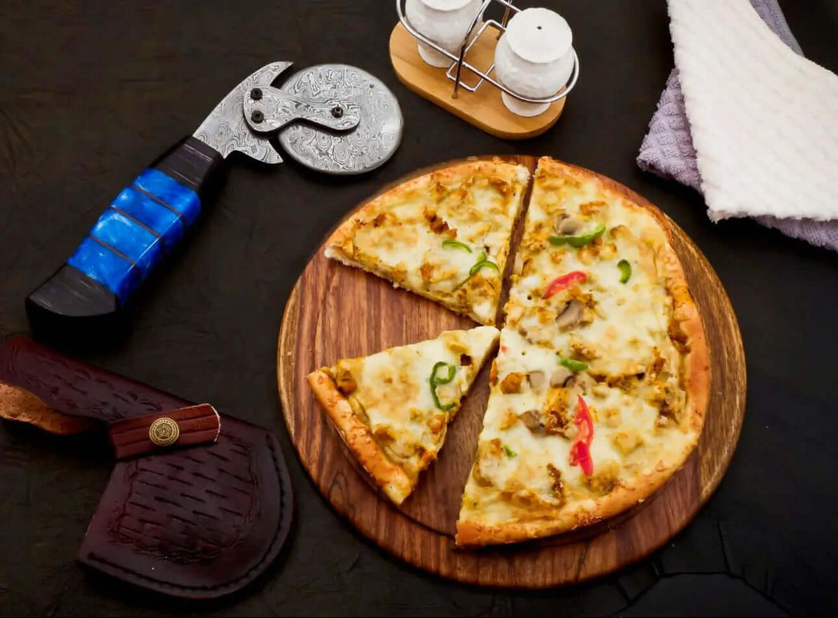 Custom Damascus Steel Wheel Pizza Cutter with Blue Resin Handle - Unique Blades Runner