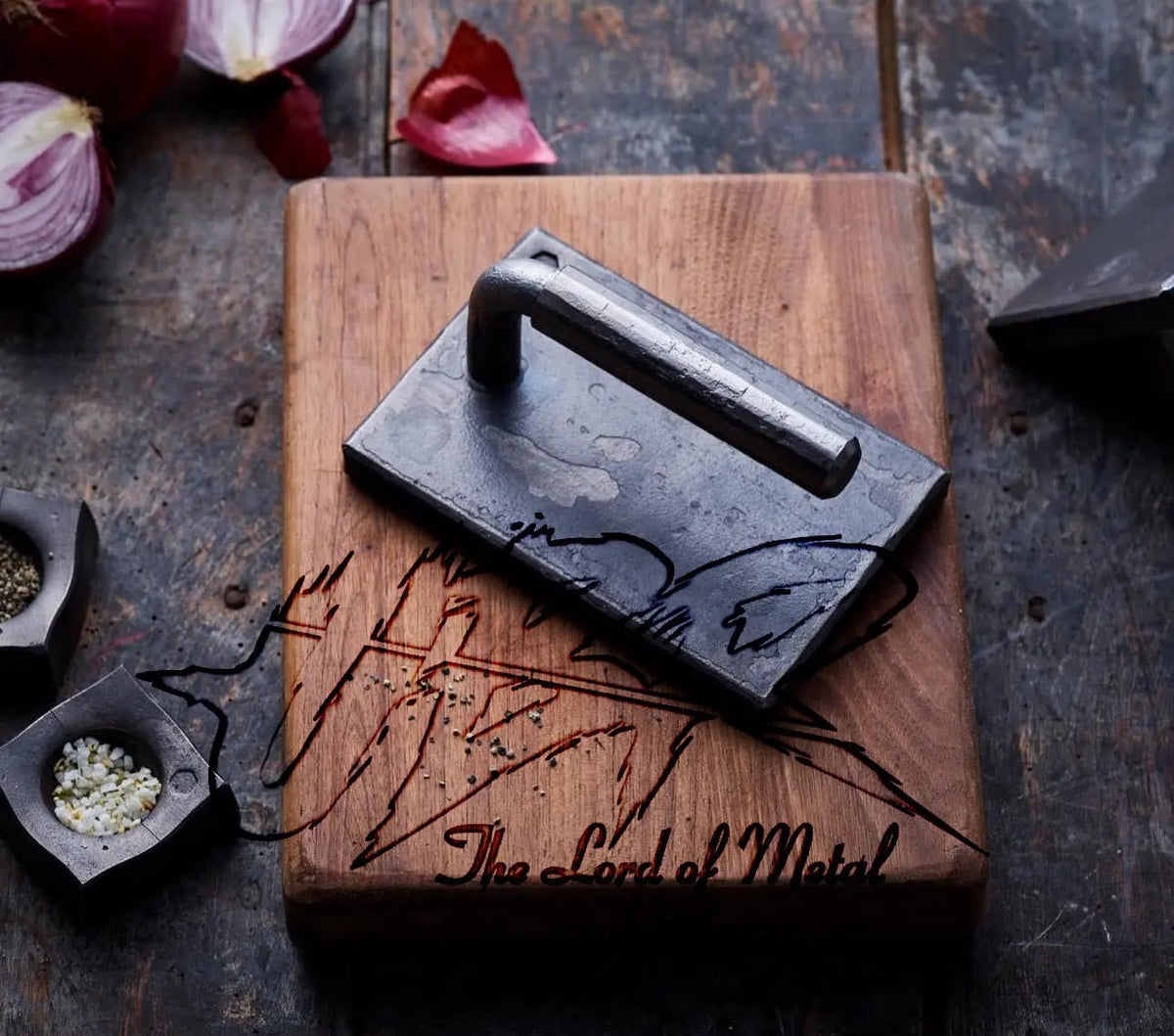 Custom Hand Forged BBQ Steak Press Weight – Heavy Cast Iron Grill Tool - Unique Blades Runner