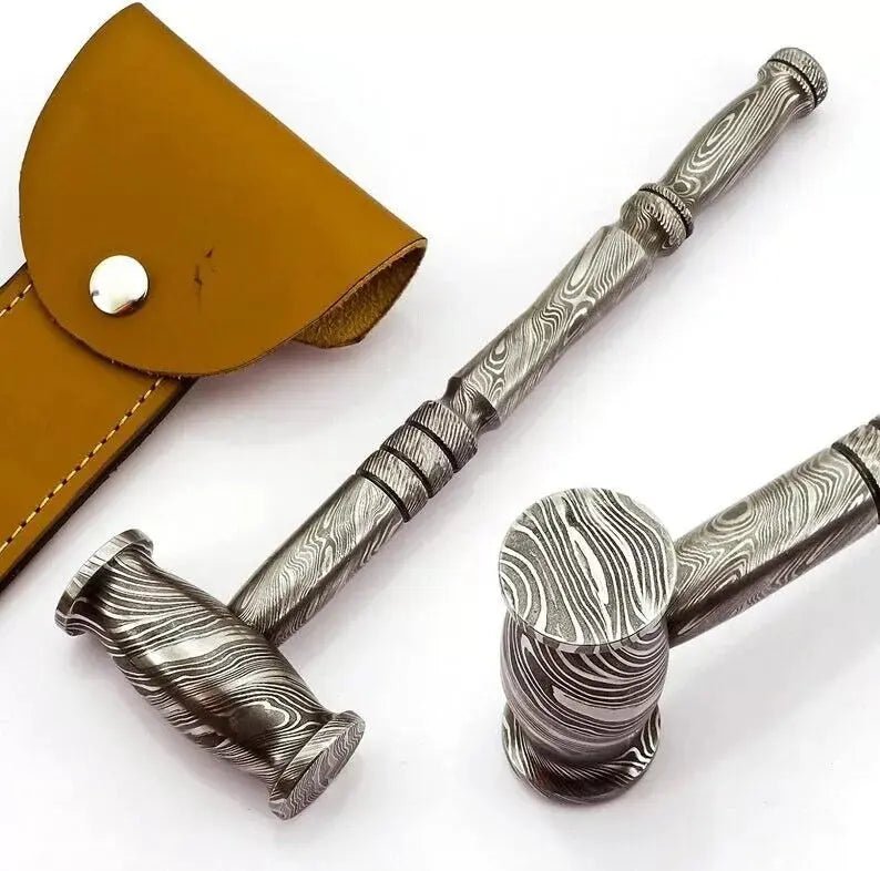 Custom Handmade Damascus Steel Hammer | Functional & Collectible Unique Rare Design with Cover - Unique Blades Runner