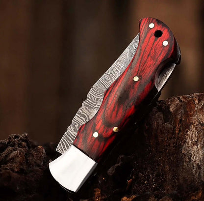 Damascus Folding Knife – Red Wood Handle Pocket Knife - Unique Blades Runner