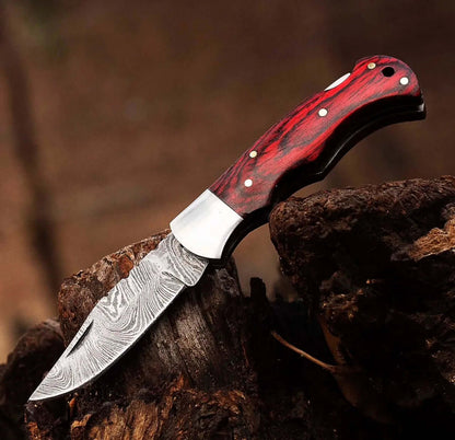 Damascus Folding Knife – Red Wood Handle Pocket Knife - Unique Blades Runner