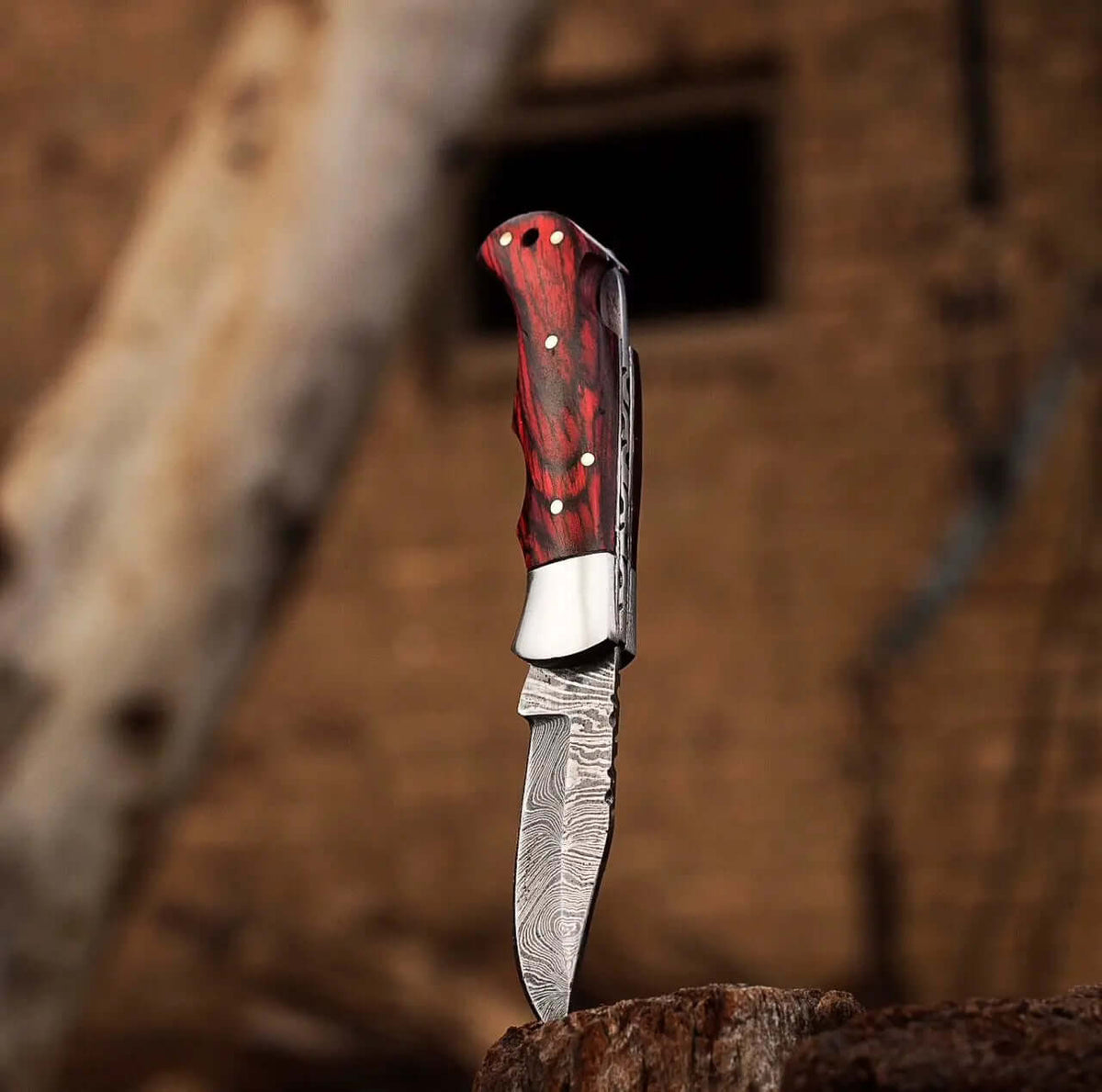 Damascus Folding Knife – Red Wood Handle Pocket Knife - Unique Blades Runner