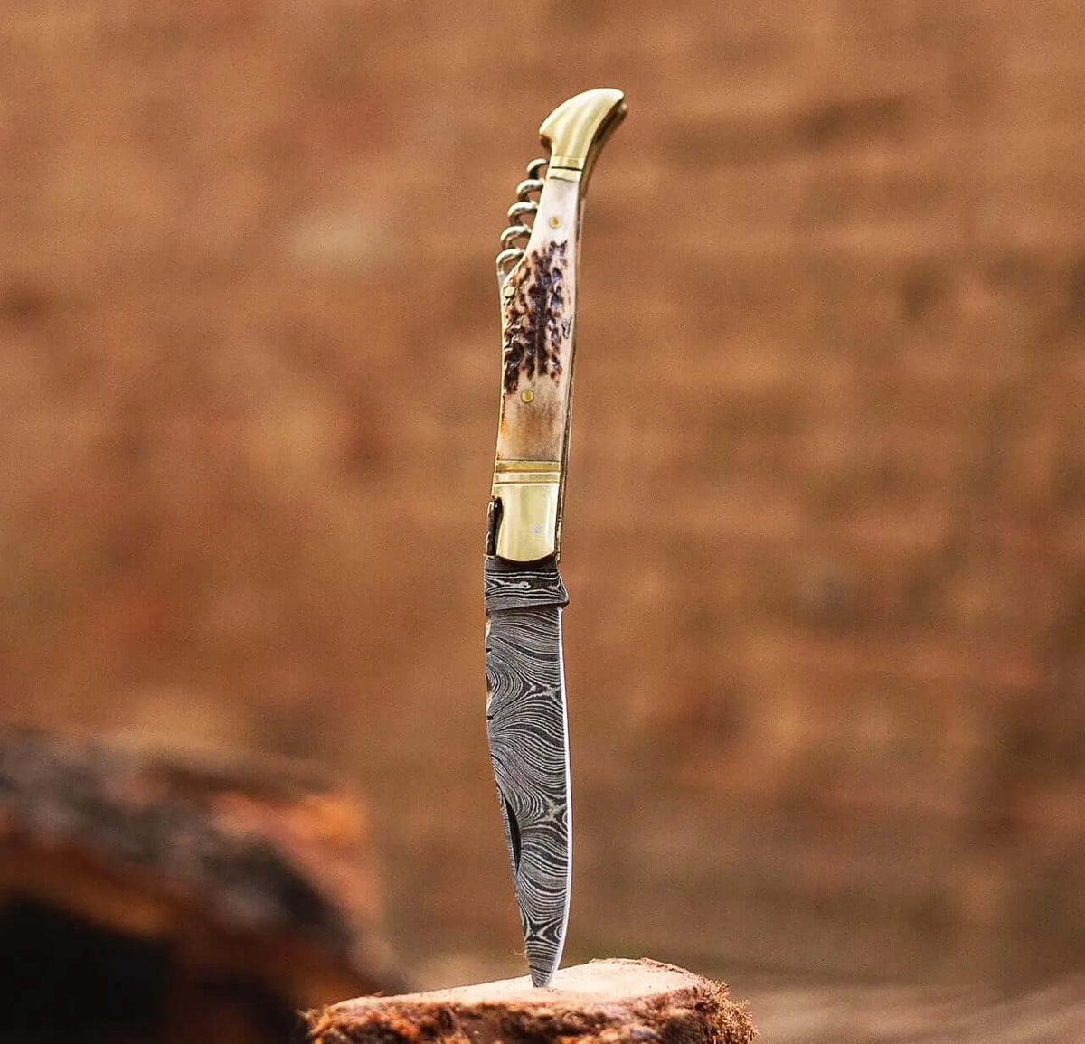 Damascus Pocket Knife – Stag Horn Folding Blade with Corkscrew - Unique Blades Runner