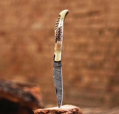 Damascus Pocket Knife – Stag Horn Folding Blade with Corkscrew - Unique Blades Runner
