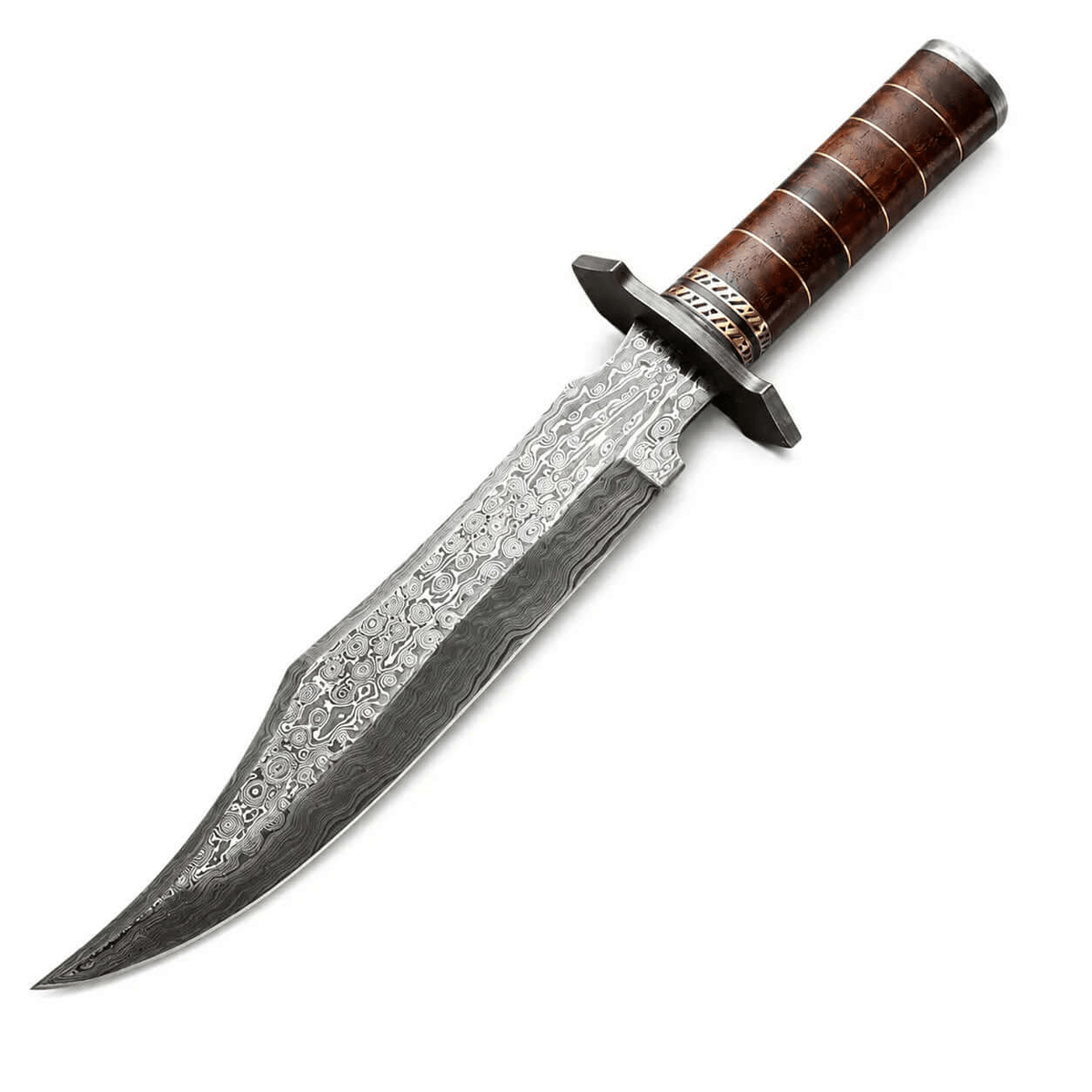 Damascus Steel Bowie Knife with Rose Wood Handle and Sheath - Unique Blades Runner