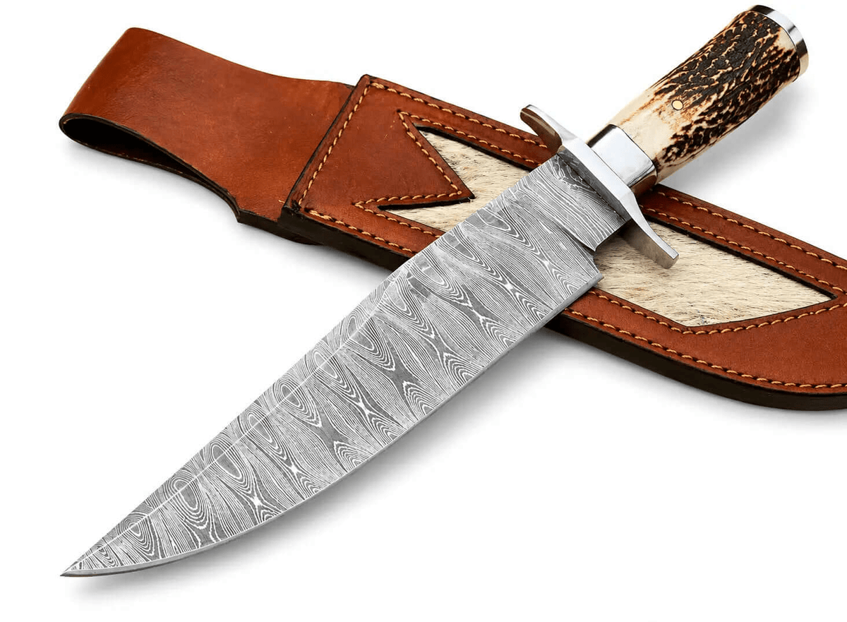 Damascus Steel Bowie Knife with Stag Handle and Leather Sheath - Unique Blades Runner