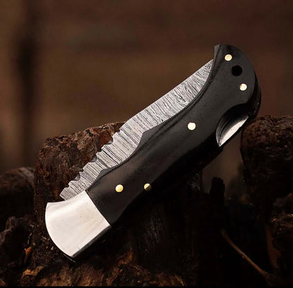 Damascus Steel Folding Knife – Black Horn Handle + Leather Sheath - Unique Blades Runner