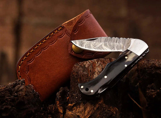 Damascus Steel Folding Knife – Black Horn Handle + Leather Sheath - Unique Blades Runner