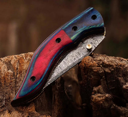Damascus Steel Folding Knife – Multicolor Wood Handle Pocket Knife - Unique Blades Runner