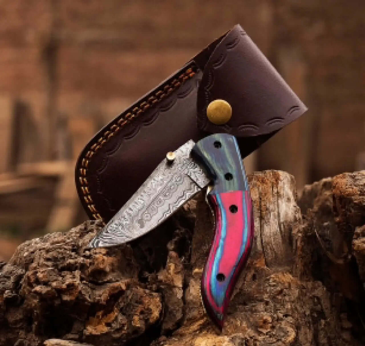 Damascus Steel Folding Knife – Multicolor Wood Handle Pocket Knife - Unique Blades Runner