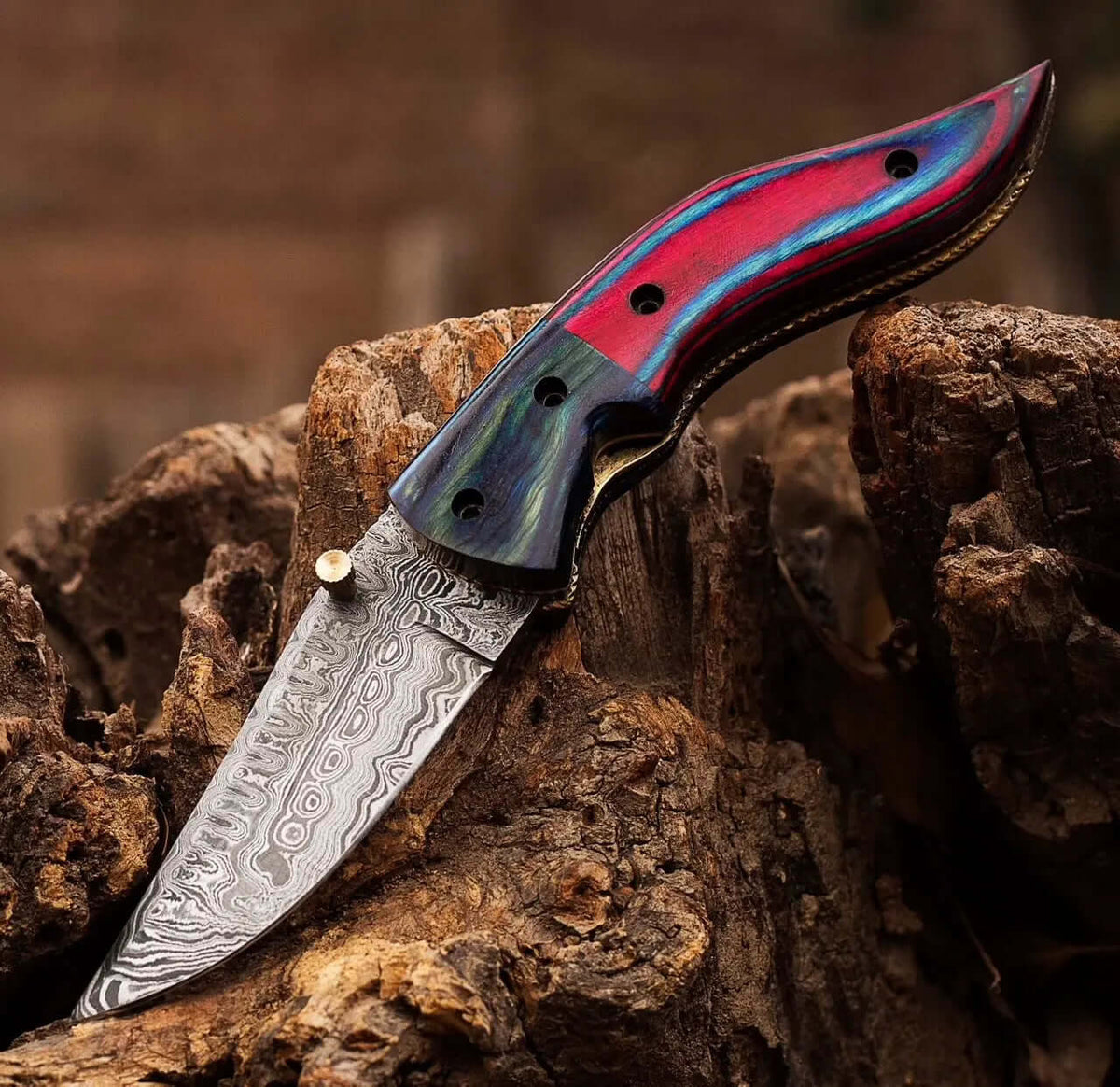 Damascus Steel Folding Knife – Multicolor Wood Handle Pocket Knife - Unique Blades Runner