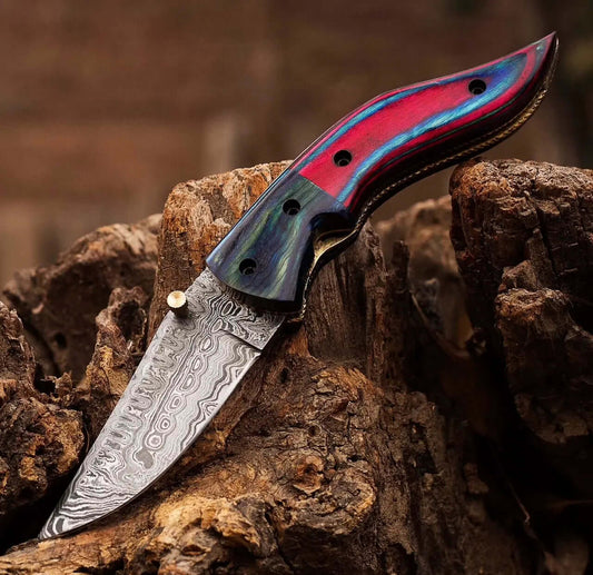 Damascus Steel Folding Knife – Multicolor Wood Handle Pocket Knife - Unique Blades Runner