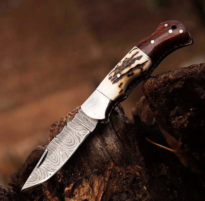 Damascus Steel Folding Knife – Stag & Wood Handle with Leather Sheath - Unique Blades Runner