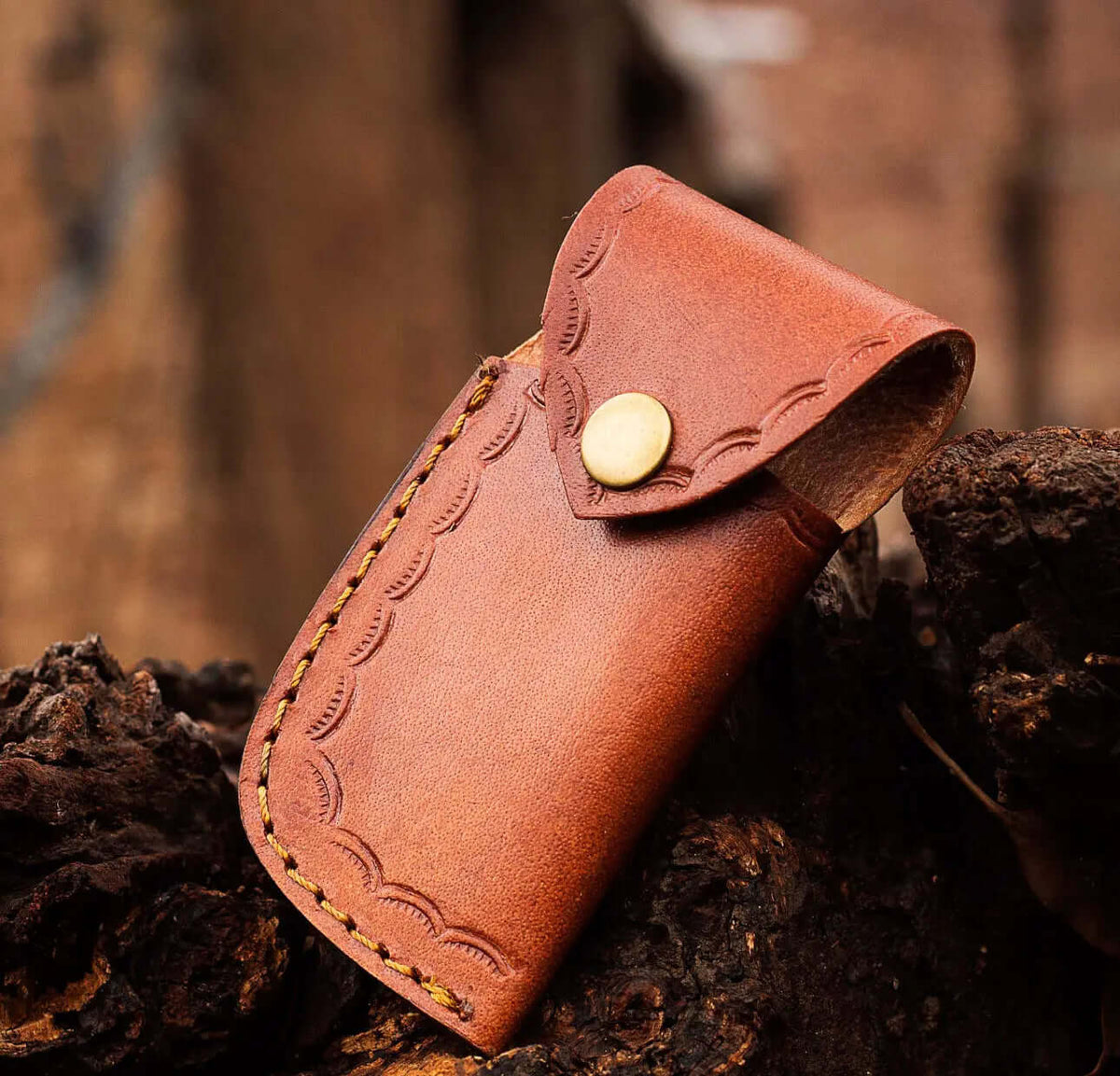 Damascus Steel Folding Knife – Stag & Wood Handle with Leather Sheath - Unique Blades Runner