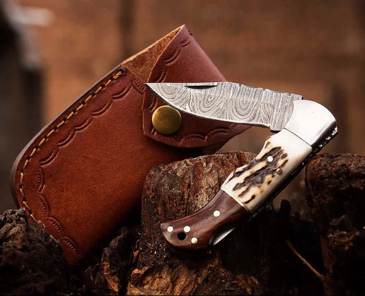 Damascus Steel Folding Knife – Stag & Wood Handle with Leather Sheath - Unique Blades Runner