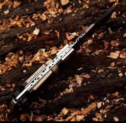Damascus Steel Pocket Knife – Stag & Brass Handle Folding Knife - Unique Blades Runner