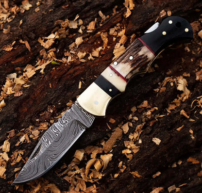 Damascus Steel Pocket Knife – Stag & Brass Handle Folding Knife - Unique Blades Runner