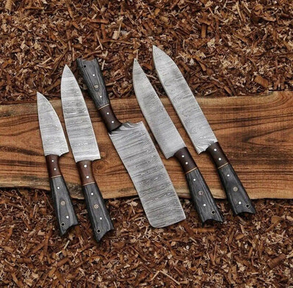 Damascus Steel Professional Kitchen Knife Set with Ebony & Rosewood Handle – Full Tang Chef Set - Unique Blades Runner