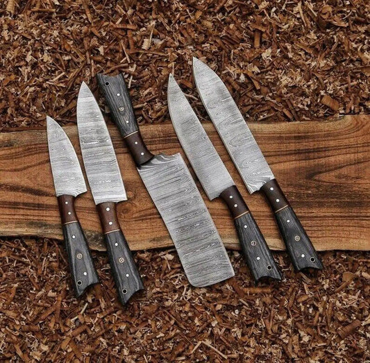 Damascus Steel Professional Kitchen Knife Set with Ebony & Rosewood Handle – Full Tang Chef Set - Unique Blades Runner