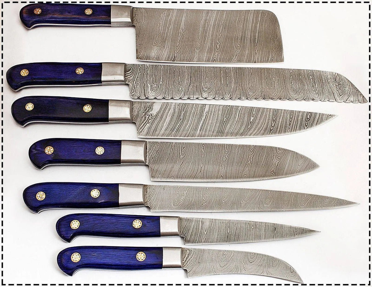 Damascus Steel Professional Knife Set with Blue Dyed Wood Handle – Chef Roll Included - Unique Blades Runner