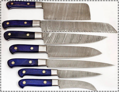 Damascus Steel Professional Knife Set with Blue Dyed Wood Handle – Chef Roll Included - Unique Blades Runner
