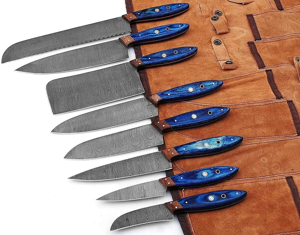 Damascus Steel Professional Knife Set with Blue Dyed Wood Handle – Chef Roll Included - Unique Blades Runner