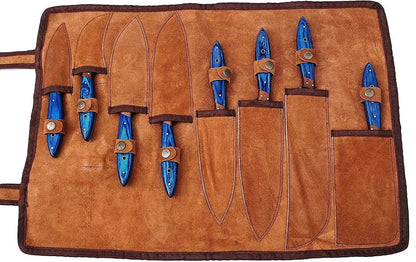 Damascus Steel Professional Knife Set with Blue Dyed Wood Handle – Chef Roll Included - Unique Blades Runner