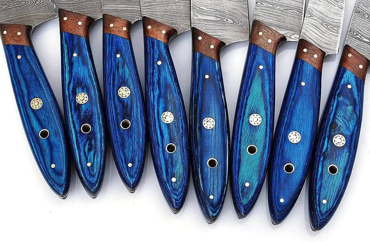 Damascus Steel Professional Knife Set with Blue Dyed Wood Handle – Chef Roll Included - Unique Blades Runner