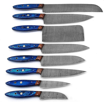 Damascus Steel Professional Knife Set with Blue Dyed Wood Handle – Chef Roll Included - Unique Blades Runner