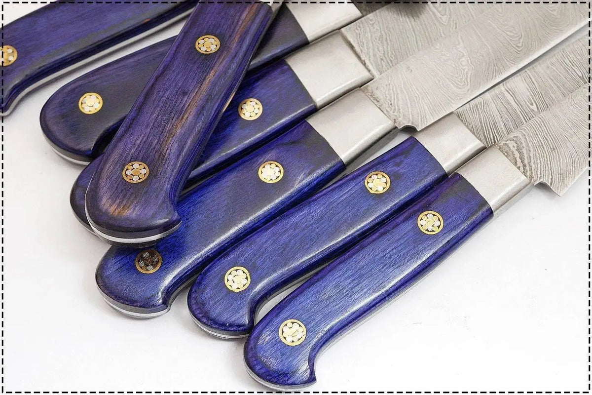 Damascus Steel Professional Knife Set with Blue Dyed Wood Handle – Chef Roll Included - Unique Blades Runner