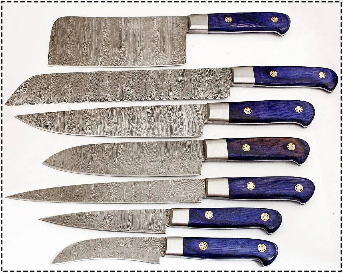 Damascus Steel Professional Knife Set with Blue Dyed Wood Handle – Chef Roll Included - Unique Blades Runner