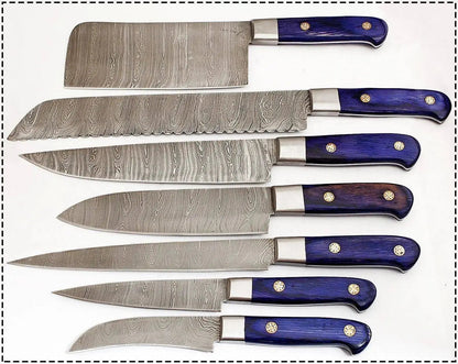 Damascus Steel Professional Knife Set with Blue Dyed Wood Handle – Chef Roll Included - Unique Blades Runner