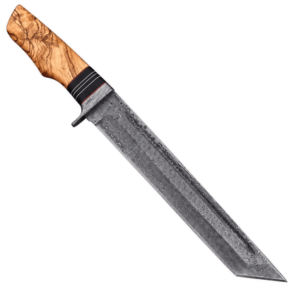 Damascus Steel Tanto Knife with Olive Wood Handle - Unique Blades Runner