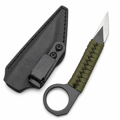 EDC Tactical Knife – Green Paracord Ring Handle Blade with Leather Sheath - Unique Blades Runner